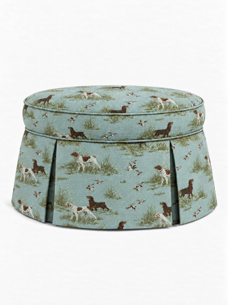 Boykins and Pointers Blue 40-inch ottoman with wide box pleats and a plain hem — closed studio view