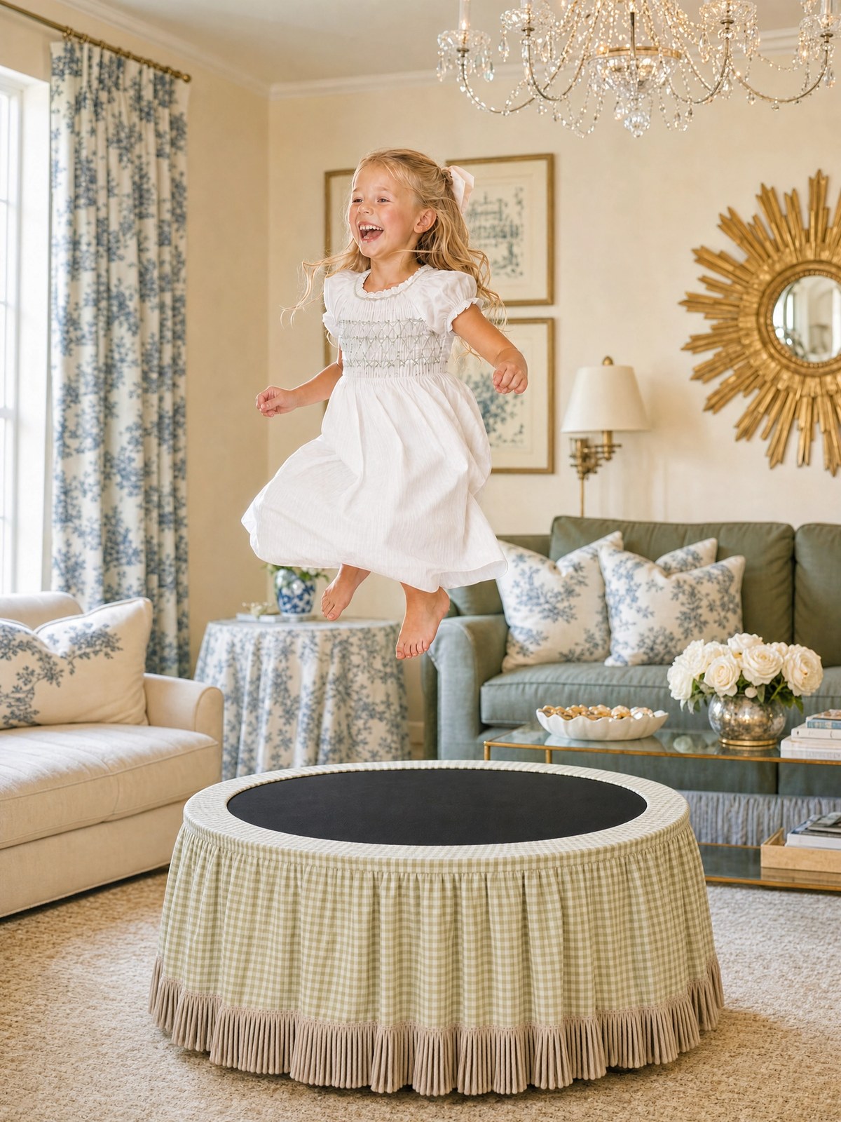 Child bouncing joyfully on The Bounder trampoline ottoman in a beautiful traditional living room