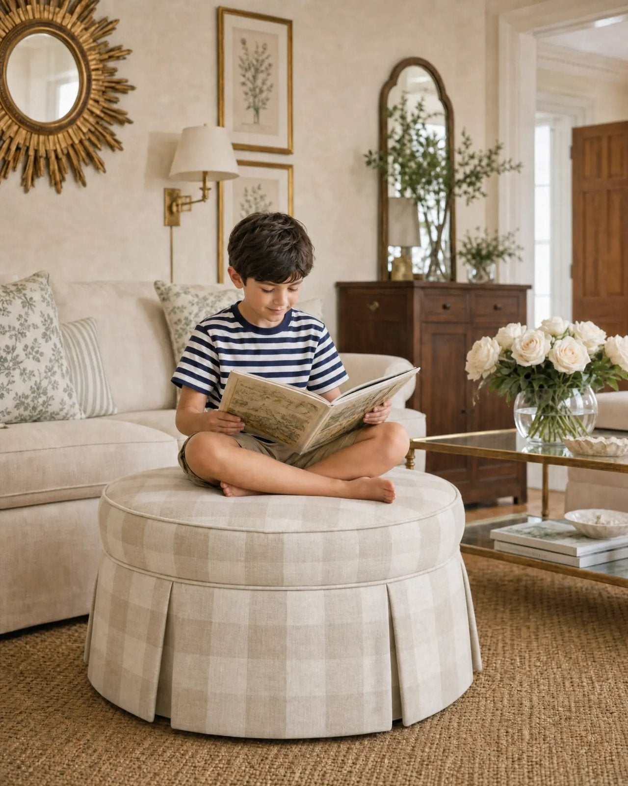 Child sitting cross-legged on The Bounder ottoman reading a book
