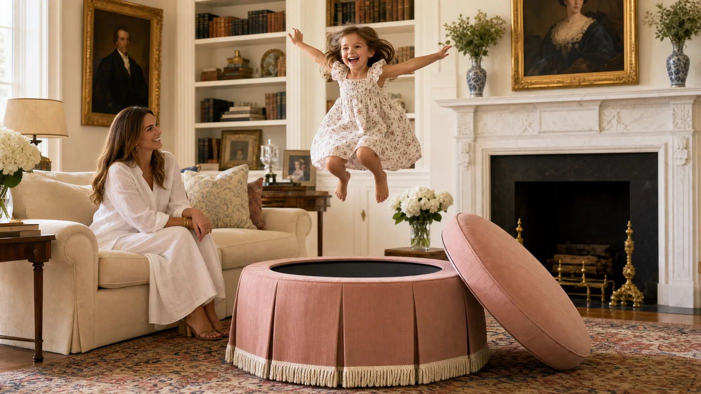 Girl jumping joyfully on The Bounder trampoline ottoman in an elegant living room