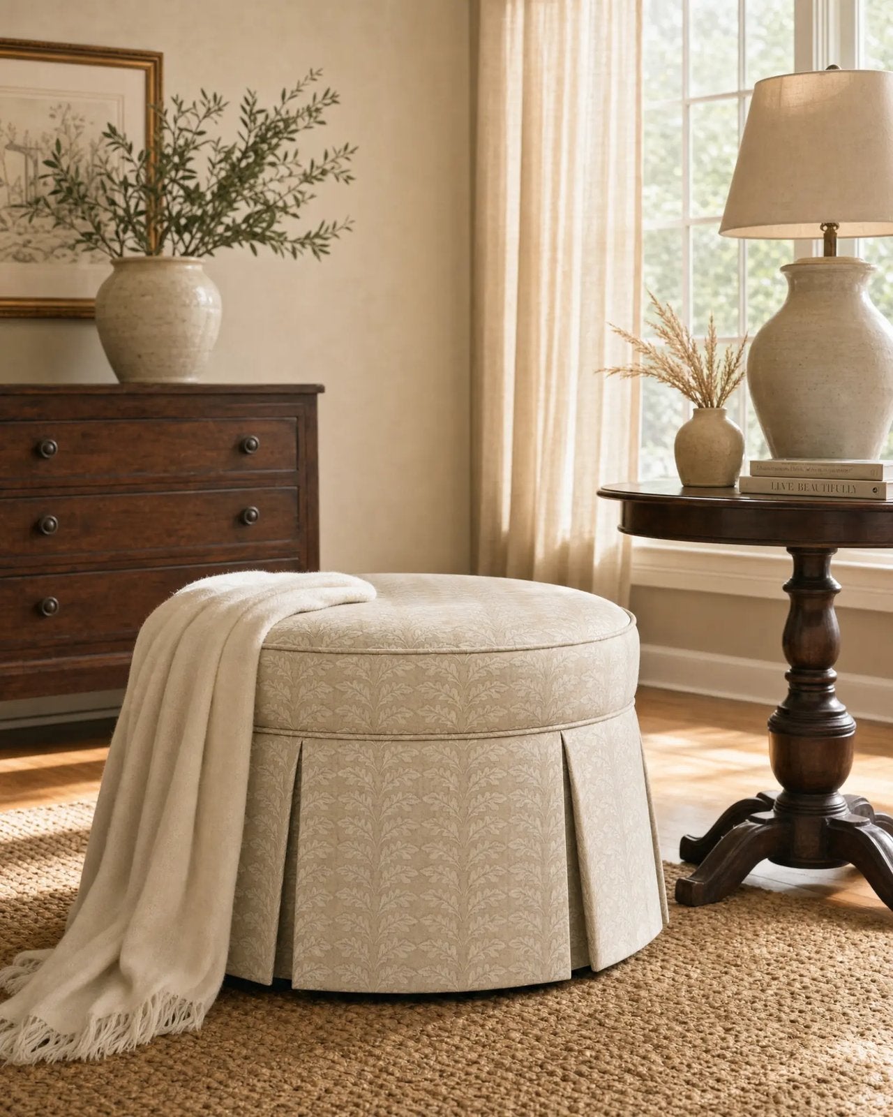 The Bounder styled as a designer ottoman in a warm living room corner