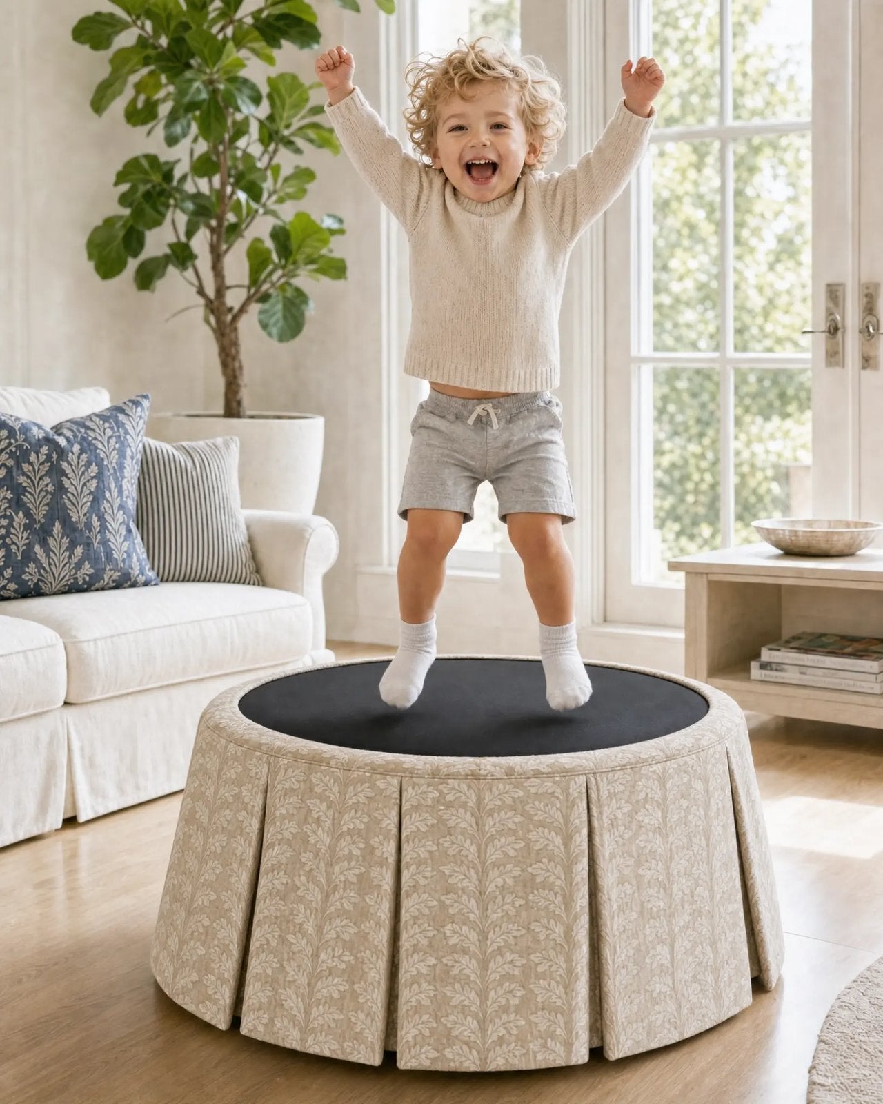 Toddler jumping joyfully on The Bounder trampoline ottoman in a bright living room